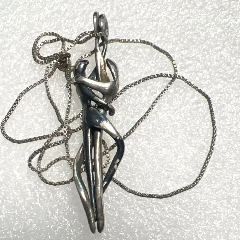 Silver Couple Pendant Necklace 18" Chain Yin Yang Dance Abstract Modernist Vtg - Picture 1 of 10